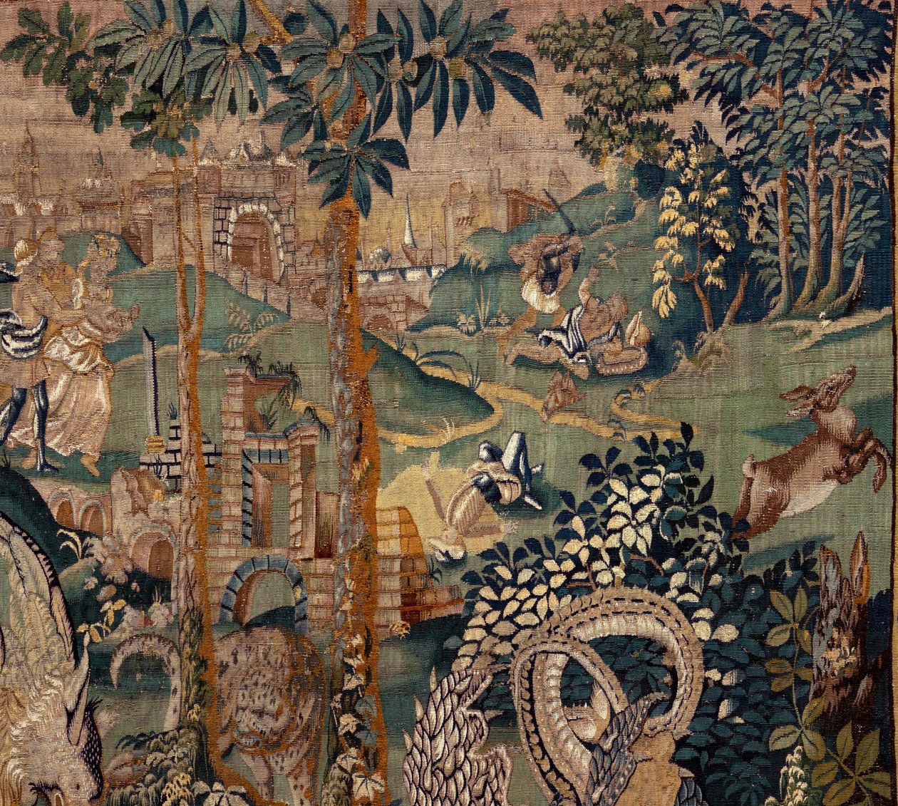 Tapeçaria flamenga. Paisagem com pérgula e grandes bestas, com 2 colunas. Atelier de Oudenaarde. 319x508cm. Inv 0023. Século XVII. de Flemish School