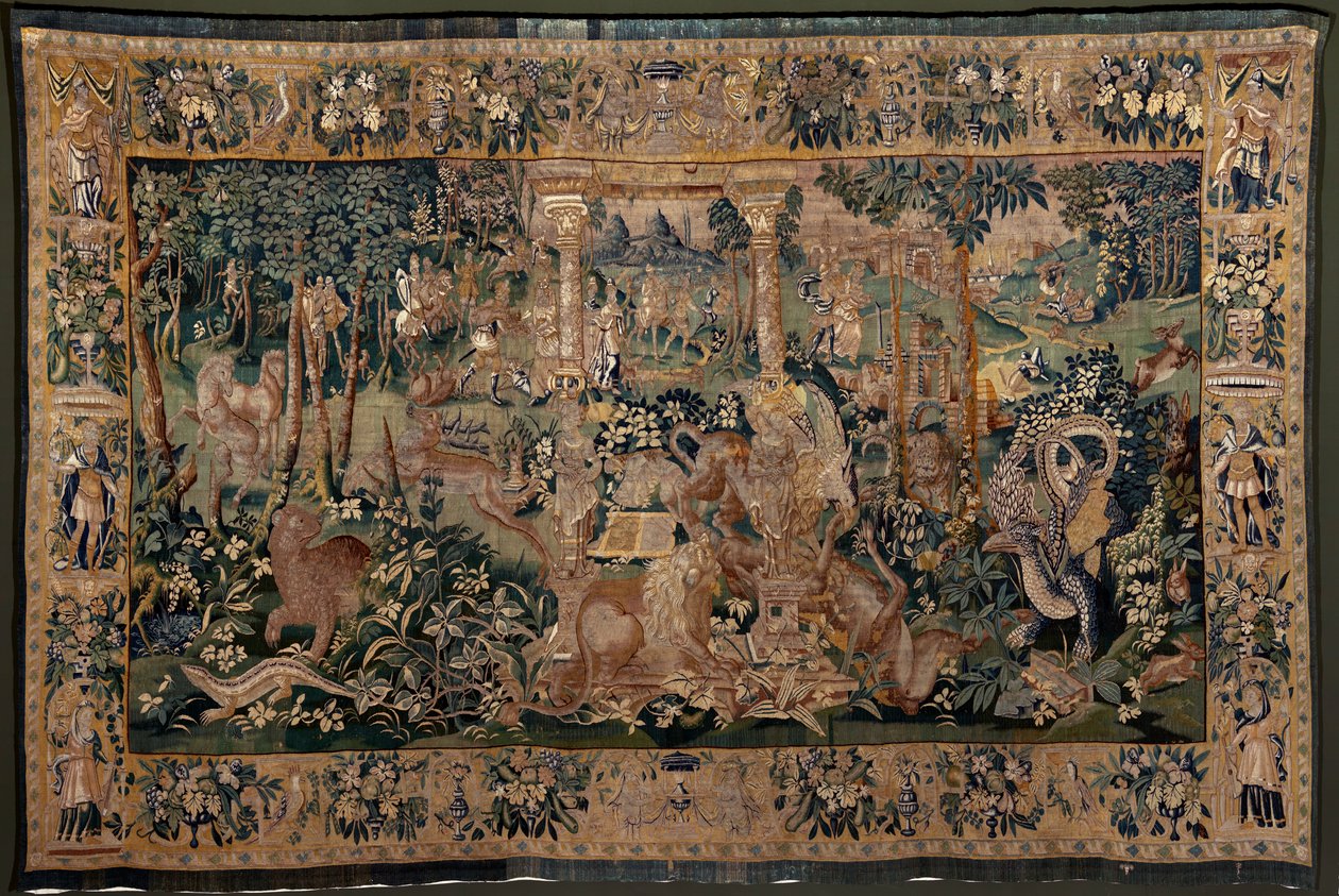 Tapeçaria flamenga. Paisagem com pérgula e grandes bestas, com 2 colunas. Atelier de Oudenaarde. 319x508cm. Inv 0023. Século XVII. de Flemish School