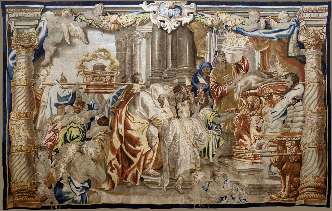tapeçaria flamenga. Série Apoteose da Eucaristia. Sacrifício da Lei Mosaica (Sacrificio de la Ley Mosaica). Desenho modelo copiado de um original de Rubens. Fabricação de Bruxelas. Fabricação por Frans van den Hecke. Meados do século XVII. Tecido Seda e lã de Flemish School