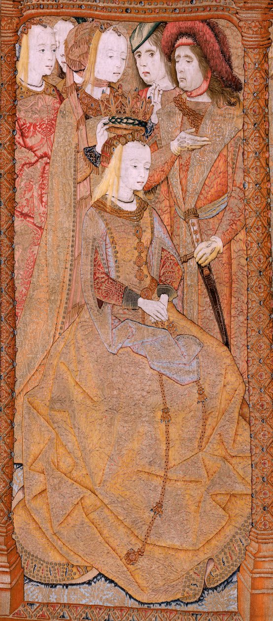 tapeçaria flamenga. Série Devoção de Nossa Senhora ou Panos Dourados. A Coroação da Virgem (La Coronación de la Virgen). Quarta tapeçaria da série. Cartunista modelo do círculo de Colyn de Coter. Fabricação Pieter van Aelst, Bruxelas. Ca 1500-15 de Flemish School