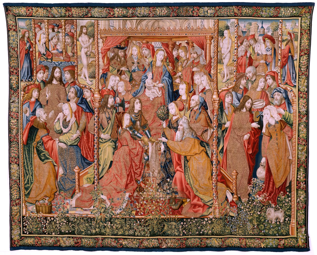 Tapeçaria flamenga. Episódios da série "A Vida da Virgem". As profecias cumprem-se no nascimento de Cristo (Cumplimiento de las profecías en el nacimiento del Hijo de Dios). A primeira tapeçaria da série. Modelos Atribuídos a Jan von Roome (ou van B de Flemish School