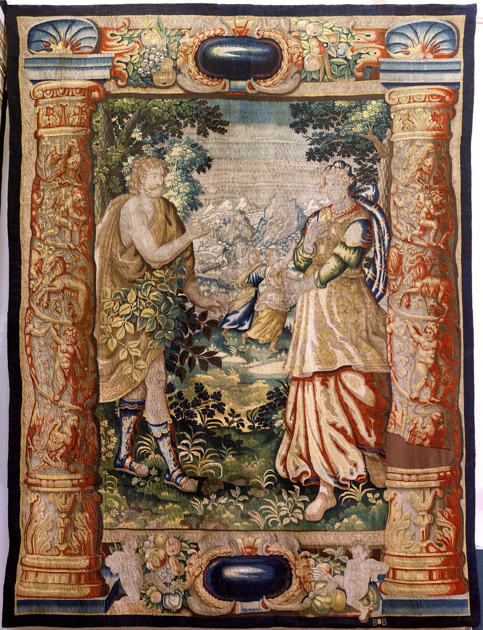 Tapeçaria flamenga. Série Gallantry (Galante). Cena galante (Escena galante). Fabrico em Bruxelas, início do século XVII. Tecido de seda e lã, 5/6 urdiduras por cm. Tamanho 348 x 263 cm. Localização Igreja de San Millán de la Cogolla, Oncala (Soria). Orige de Flemish School