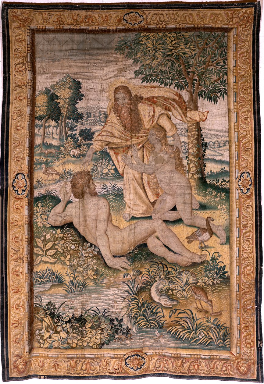 tapeçaria flamenga. Série Genesis ou O Homem da Criação. Deus cria a Mulher e a apresenta a Adão (Dios crea a la mujer y la presenta a Adán). Modelo baseado em Michiel Coxcie. Manufatura Jan Aerst em Bruxelas. Ca 1630. Tecido Seda e lã. de Flemish School