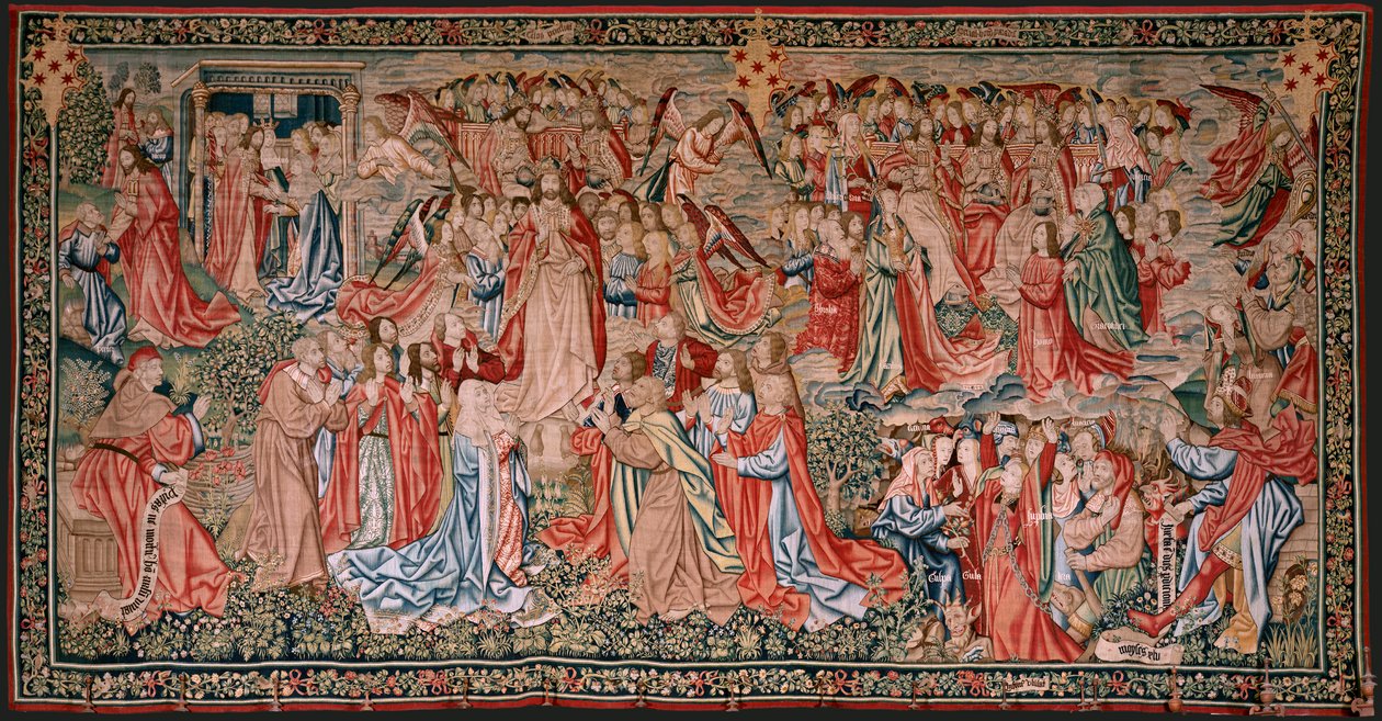 tapeçaria flamenga. Série Redenção Humana ou Vícios e Virtudes. Cristo ascende ao céu e o homem é redimido diante de Deus (Cristo asciende al Cielo y el Hombre se redime ante Dios). Nona tapeçaria da série (quarta daquelas mantidas em Palencia). Bruxelas m de Flemish School