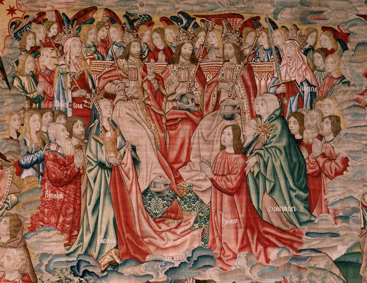 Tapeçaria flamenga. Série Redenção Humana ou Vícios e Virtudes. Cristo ascende ao Céu e o Homem é redimido perante Deus (Cristo asciende al Cielo y el Hombre se redime ante Dios). A nona tapeçaria da série (quarta das guardadas em Palência). Bruxelas