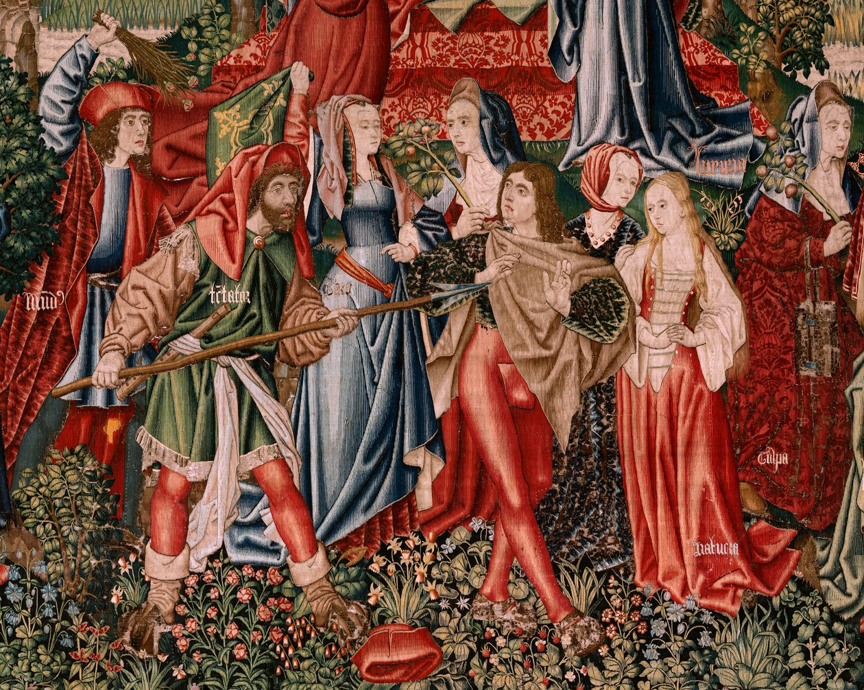 Tapeçaria flamenga. Série Redenção Humana ou Vícios e Virtudes. Os vícios levam o Homem ao pecado (Los Vicios conduen al Hombre al pecado). Segunda tapeçaria da série (primeira das mantidas em Palência. Fabrico de Bruxelas, oficina. Ca 1510. Tamanho 425 x  de Flemish School