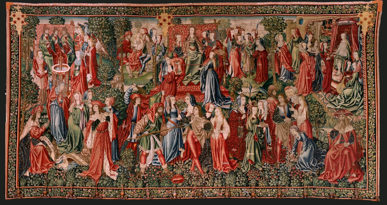Tapeçaria flamenga. Série Redenção Humana ou Vícios e Virtudes. Os vícios levam o Homem ao pecado (Los Vicios conduen al Hombre al pecado). Segunda tapeçaria da série (primeira das mantidas em Palência. Fabrico de Bruxelas, oficina. Ca 1510. Tamanho 425 x  de Flemish School