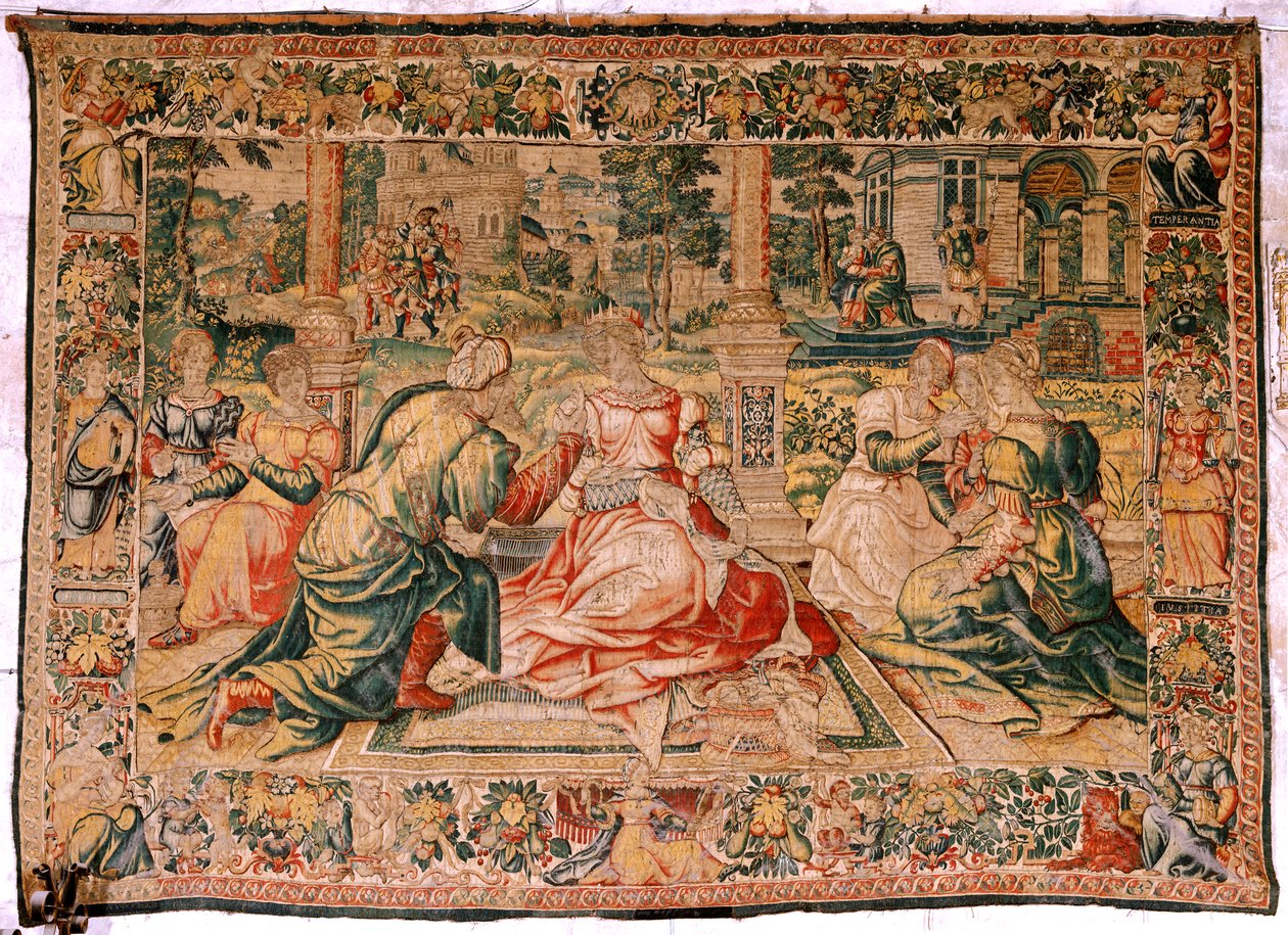 Tapeçaria flamenga. Série Mark Anthony e Cleopatra. Cleopatra e a sua corte (Cleopatra en su corte). Modelo de desenho animado atribuído a Pieter Coecke van Aelst. Fabrico Bruxelas(?). Segunda metade do século XVI. Seda de tecido e lã. Tamanho 310 x 435 cm de Flemish School