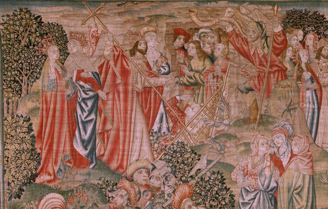 tapeçaria flamenga. Série Redenção do Homem ou Vícios e Virtudes. Ressurreição de Cristo (Resurrección de Cristo). Oitava tapeçaria da série (primeira daquelas mantidas em Burgos). Fabricação Bruxelas. Ca 1510. Tecido Seda e lã, 7 teias por cm. de Flemish School