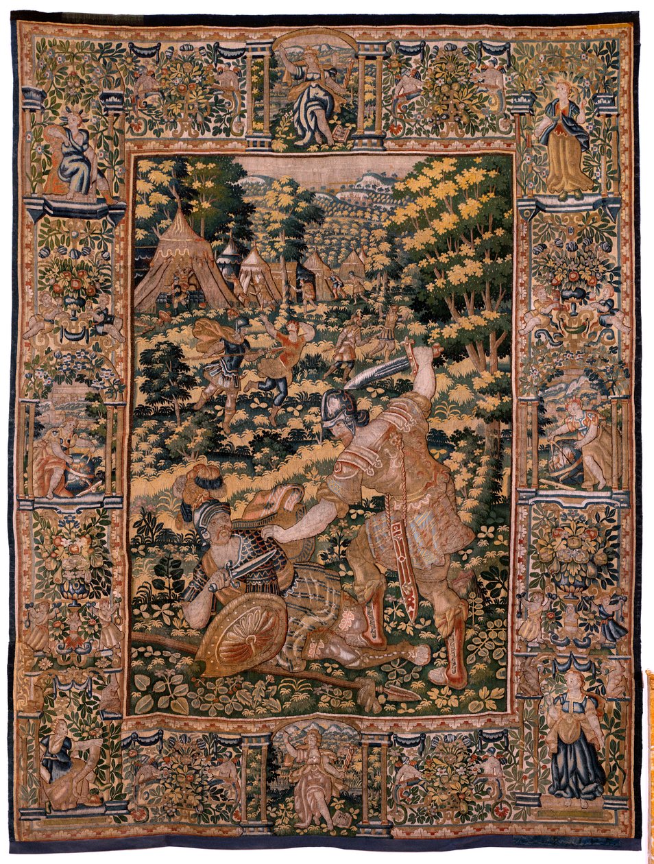 tapeçaria flamenga. Série História de Ciro. No V Combate entre dois guerreiros e a morte de Ciro (Combate de dos guerreros y muerte de Ciro). Anônimo, baseado em Michiel Coxcie. Atelier Antuérpia. Seda e lã. 1590. de Flemish School