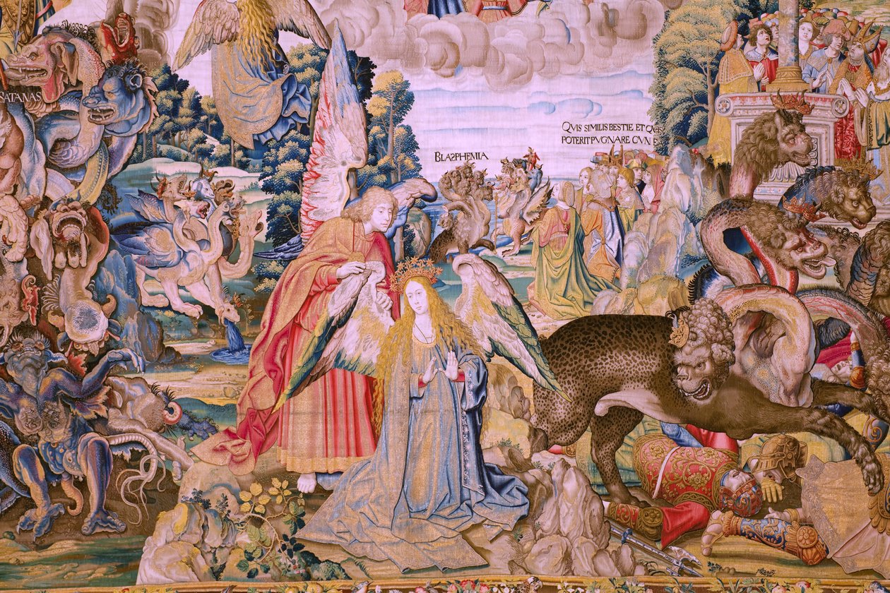 Tapeçaria flamenga. Série O Apocalipse: São Miguel derrotando o dragão. Atelier Willem Dermoyen, Bruxelas. Ca 1553-1555. Detalhe. de Flemish School