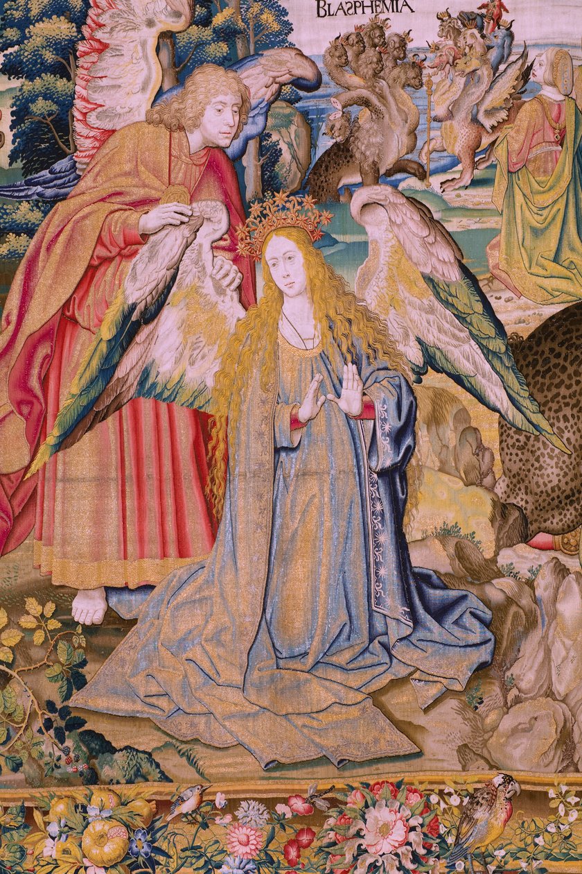 Tapeçaria flamenga. Série O Apocalipse: São Miguel derrotando o dragão. Atelier Willem Dermoyen, Bruxelas. Ca 1553-1555. Detalhe. de Flemish School