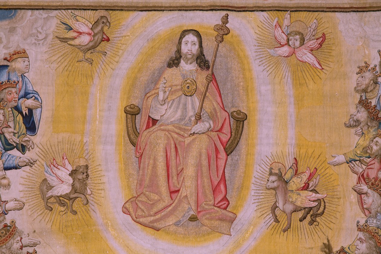 Tapeçaria flamenga. Série O Apocalipse: São Miguel derrotando o dragão. Atelier Willem Dermoyen, Bruxelas. Ca 1553-1555. Detalhe. de Flemish School