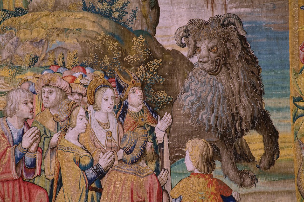 tapeçaria flamenga. Série O Apocalipse: São Miguel derrotando o dragão. Atelier Willem Dermoyen, Bruxelas. Ca 1553-1555. Detalhe. de Flemish School