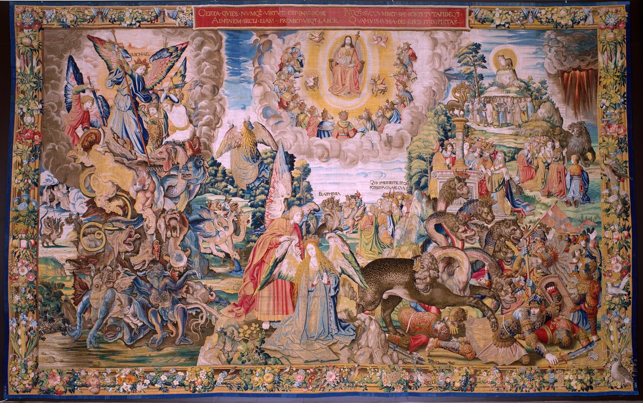 tapeçaria flamenga. Série O Apocalipse: São Miguel derrotando o dragão. Atelier Willem Dermoyen, Bruxelas. Ca 1553-1555. de Flemish School