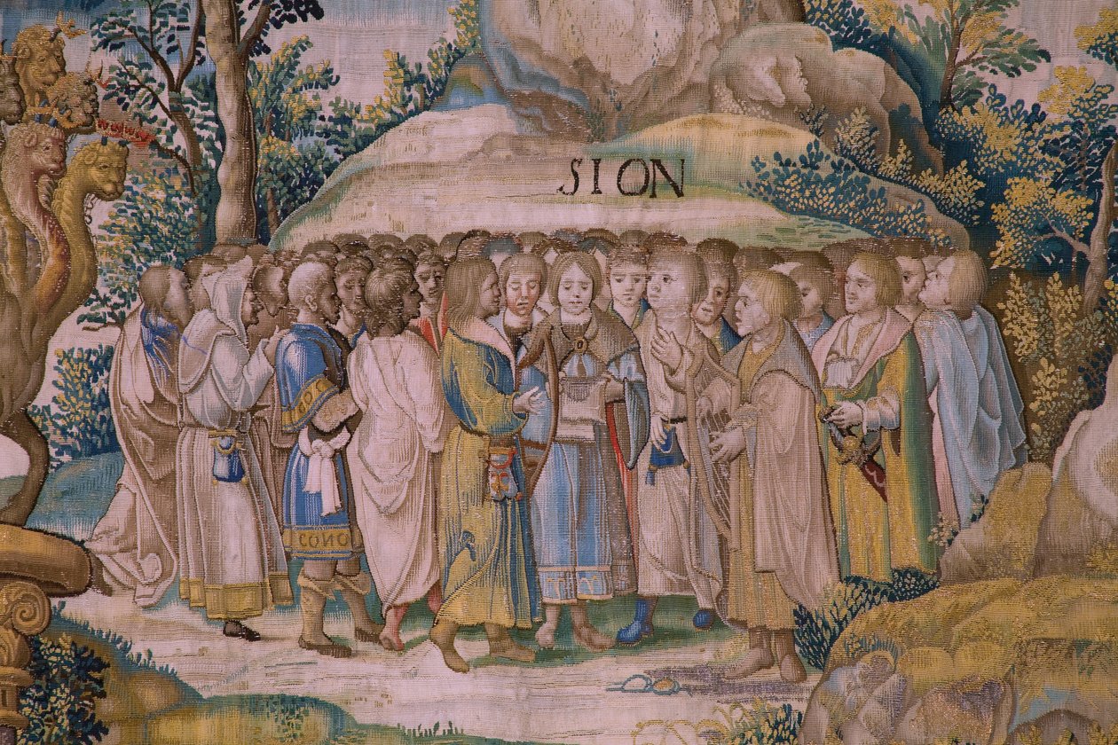 tapeçaria flamenga. Série O Apocalipse: São Miguel derrotando o dragão. Atelier Willem Dermoyen, Bruxelas. Ca 1553-1555. Detalhe. de Flemish School