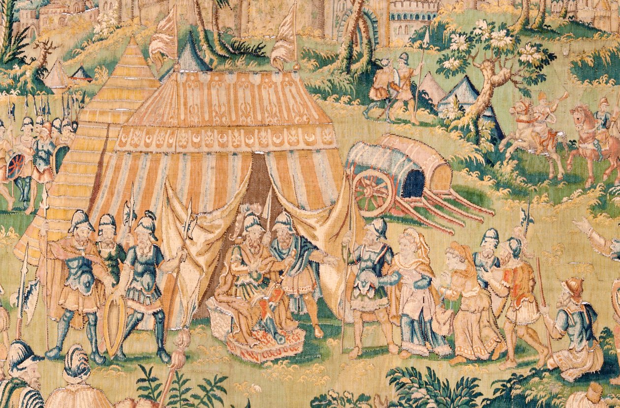 Tapeçaria flamenga. Série O Livro de Judite. Judith perante Holofernes (Judith ante Holofernes). A quinta tapeçaria da série. Fabrico Holanda, Bruxelas(?). Segunda metade do século XVI. Lã de tecido. Localização Igreja de São Nicolau de Bari (mus de Flemish School