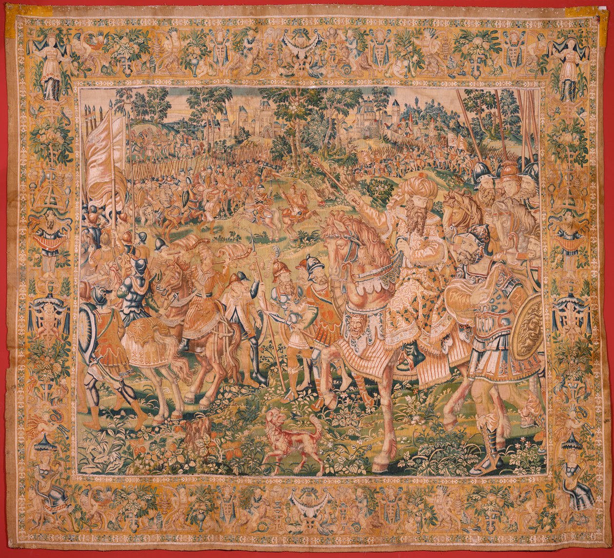 Tapeçaria flamenga. Série O Livro de Judite. O exército de Nabucodonosor (El ejército de Nabucodonosor). A primeira tapeçaria da série. Fabrico Holanda, Bruxelas?, segunda metade do século XVI. Lã de tecido. Localização Igreja de São Nicolau de Bari (mu de Flemish School