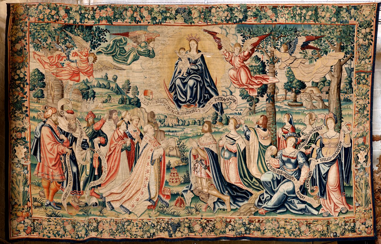 tapeçaria flamenga. Série O Salve. Salve Regina. Fabricar oficinas de Bruxelas, uma possível fabricação de Marc Crétif. Ca 1528. Tamanho 412 x 652 cm. Tecido Seda e lã. Localização Catedral de Palencia. Origem Legado do Bispo Fonseca em 1529. Em exposição de Flemish School