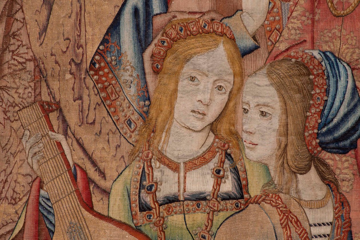 Tapeçaria flamenga. Série A História de David e Betsabá. O Profeta Nathan repreende o Rei David (El profeta Natán reprende a David). Terceiro painel da série. Modelo Anónimo. Manufactura Desconhecida, Bruxelas. 1505. Tecido Ouro, seda e lã. de Flemish School