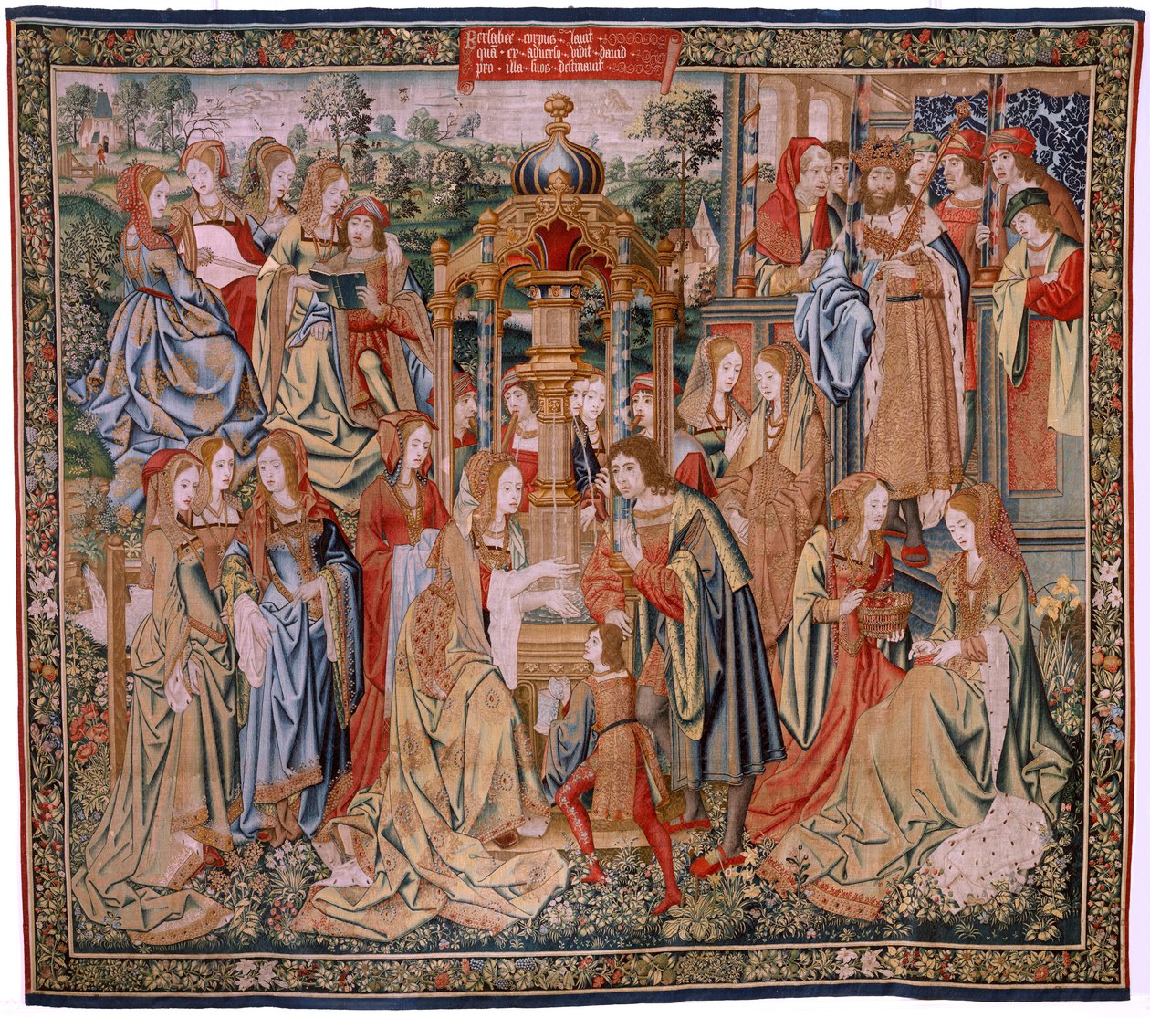 tapeçaria flamenga. Série A História de Davi e Bate-Seba. Bathseba em seu banho (Betsabé en el baño sorprendida por David). Primeiro painel da série. Modelo Anônimo. Fabricação Desconhecida, Bruxelas de Flemish School