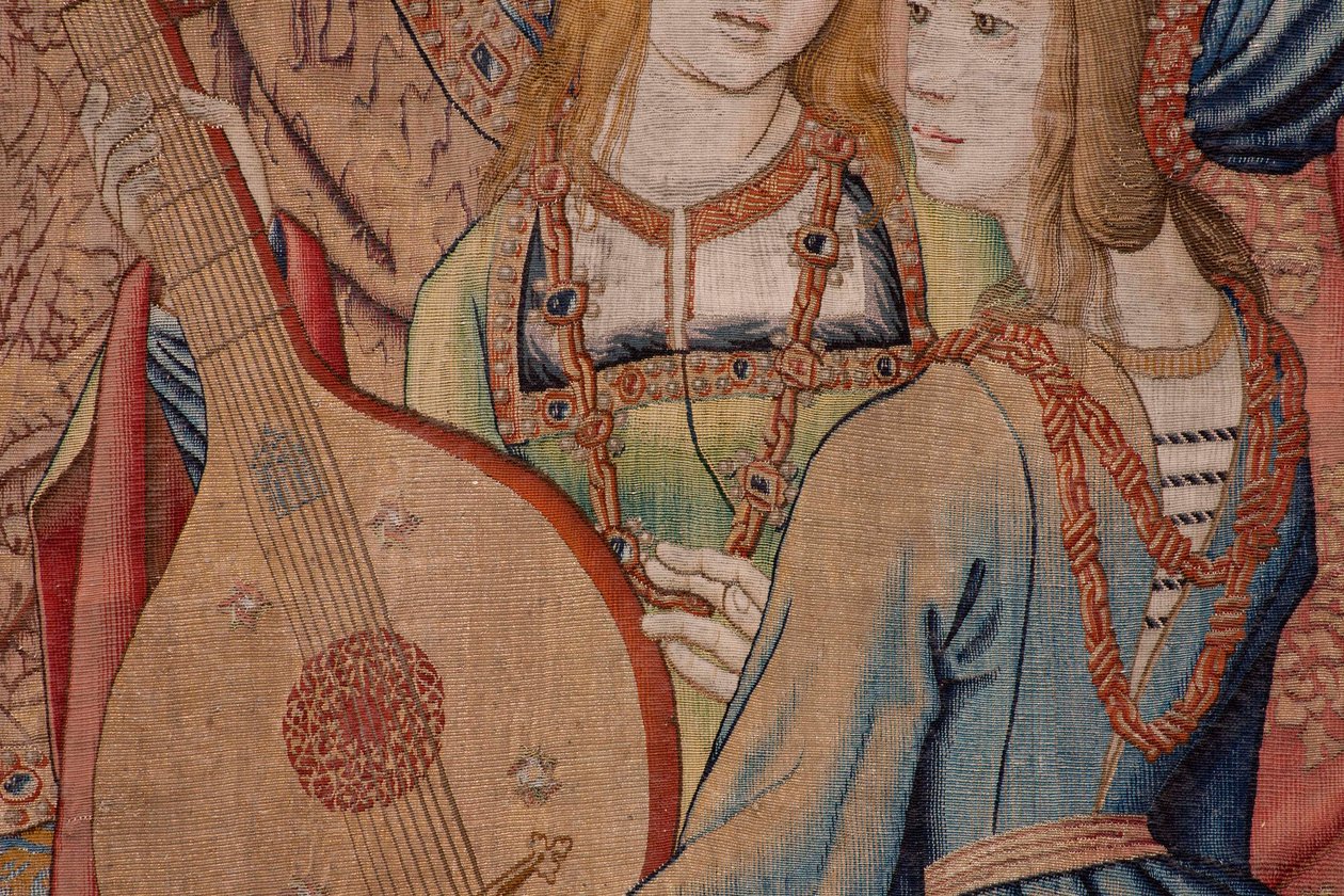 Tapeçaria flamenga. Série A História de David e Bathsheba. O Profeta Nathan repreende o Rei David (El profeta Natán reprende a David). Terceiro painel da série. Modelo Anónimo. Manufactura Desconhecida, Bruxelas. 1505. Tecido Ouro, seda e lã. de Flemish School