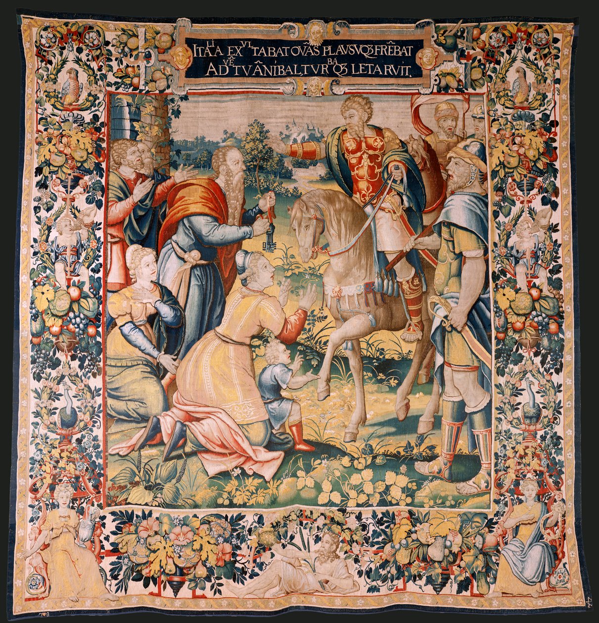 tapeçaria flamenga. Série A História de Hannibal. Hannibal na Itália (Aníbal en Italia). Terceira tapeçaria dos preservados. Modelos mestre anônimo da Holanda. Fabricação de Bruxelas, oficina. Ca 1570. Tecido Lã e seda. 6,5/7 teias por cm. Tamanho de Flemish School