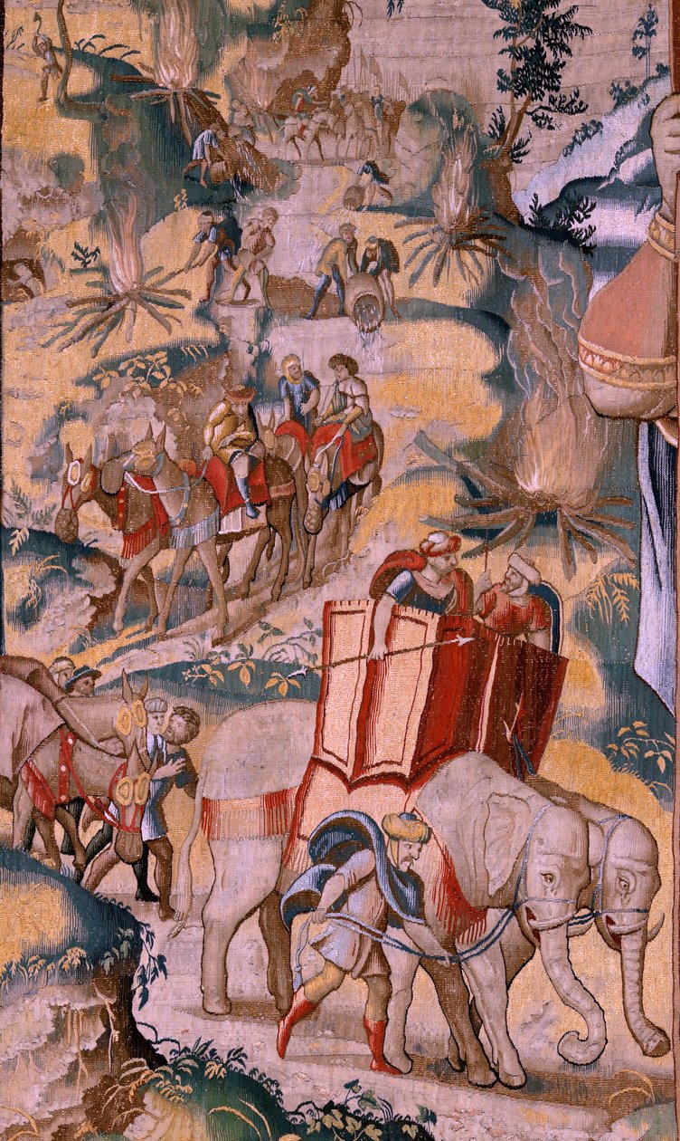 Tapeçaria flamenga. Série A História de Hannibal. A travessia dos Alpes (Paso de los Alpes). A segunda tapeçaria dos preservados. Modelos Anónimos mestre dos Países Baixos. Fabrico de Bruxelas, oficina. Ca 1570. Tecido Lã e seda, 6,5/7 urdiduras por de Flemish School