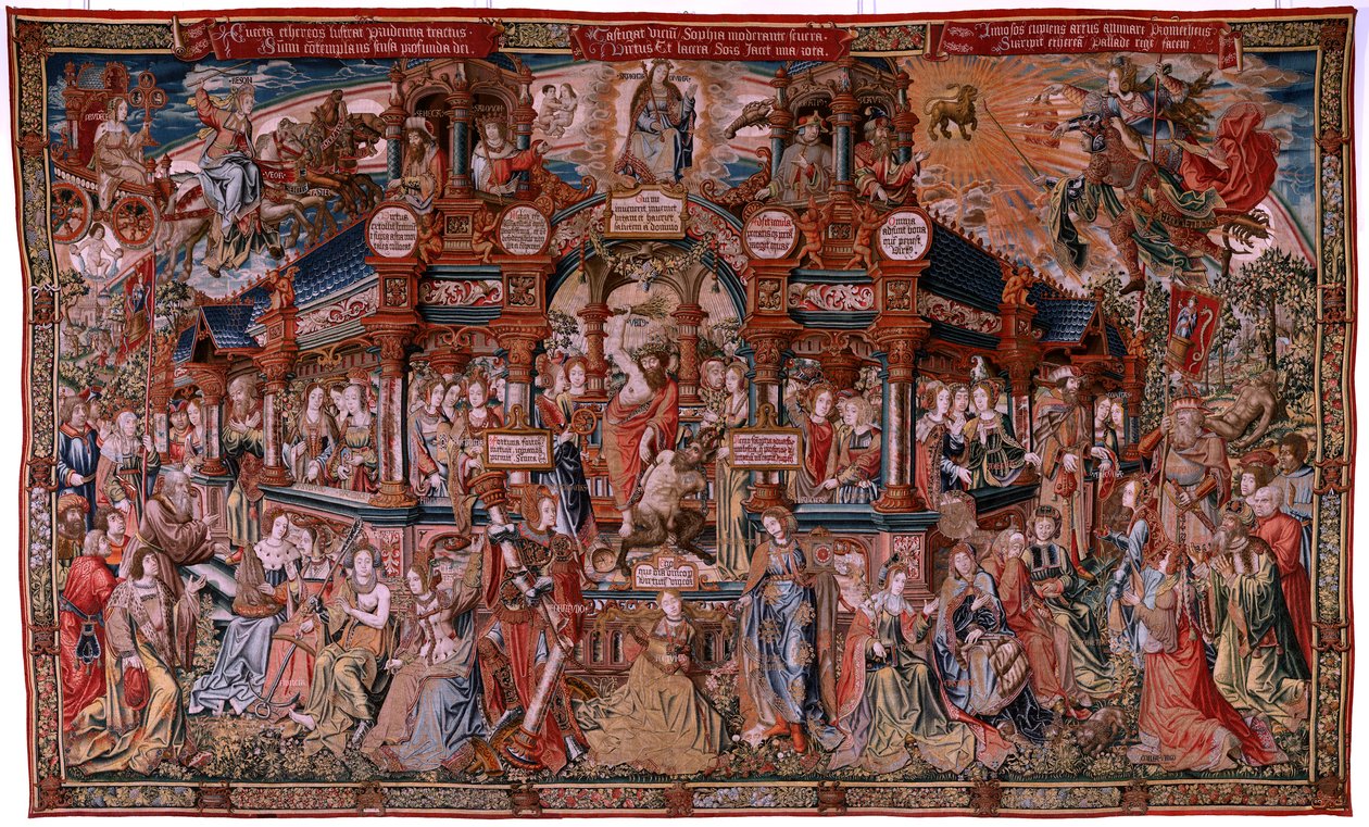 Tapeçaria flamenga. Série As Honras. Virtude (La Virtu, El Vicio). Oitava tapeçaria da série. Modelos caricaturistas do círculo de Bernard van Orley e Jan Gossaert (Mabuse). Fabrico Pieter van Aelst, Bruxelas. Ca 1550. Tecido Ouro, prata, seda a de Flemish School