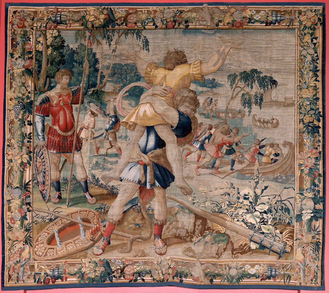Tapeçaria flamenga. Série The Labours of Hercules. Hércules e Antaeus (Hércules y Anteo). Quarta tapeçaria da série existente; Modelo Desconhecido. Fabrico Willem Dermoyen, Bruxelas. Ca 1528. Seda de tecido e lã. Tamanho 362 x 403 cm. Localização Palácio R de Flemish School