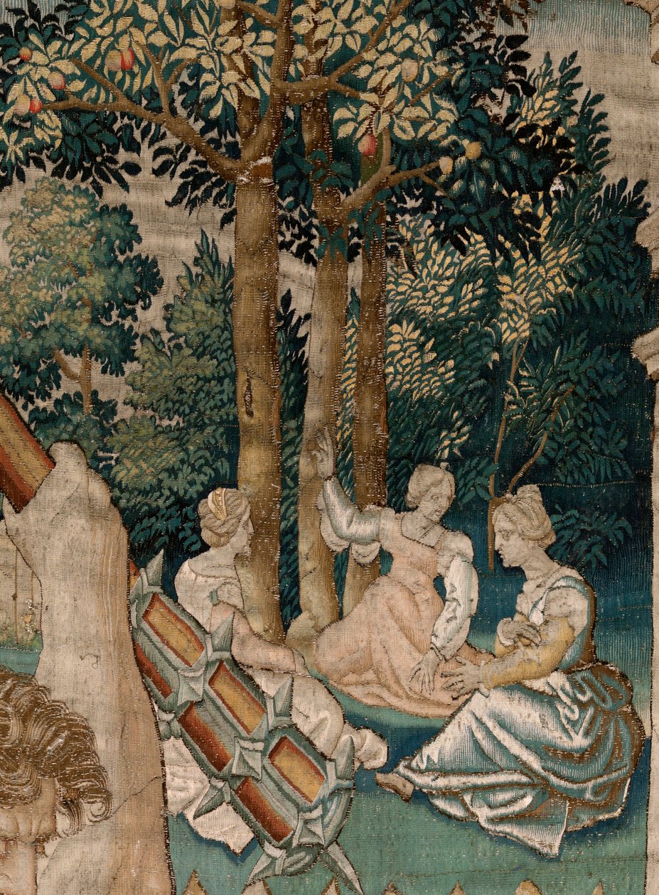 tapeçaria flamenga. Série Os Trabalhos de Hércules. Hércules no Jardim das Hespérides (Hércules en el jardín de las Hespérides). Quinta tapeçaria na série existente. Modelo Desconhecido. Manufatura Willem Dermoyen, Bruxelas. Ca 1528. Tecido Seda e lã. de Flemish School