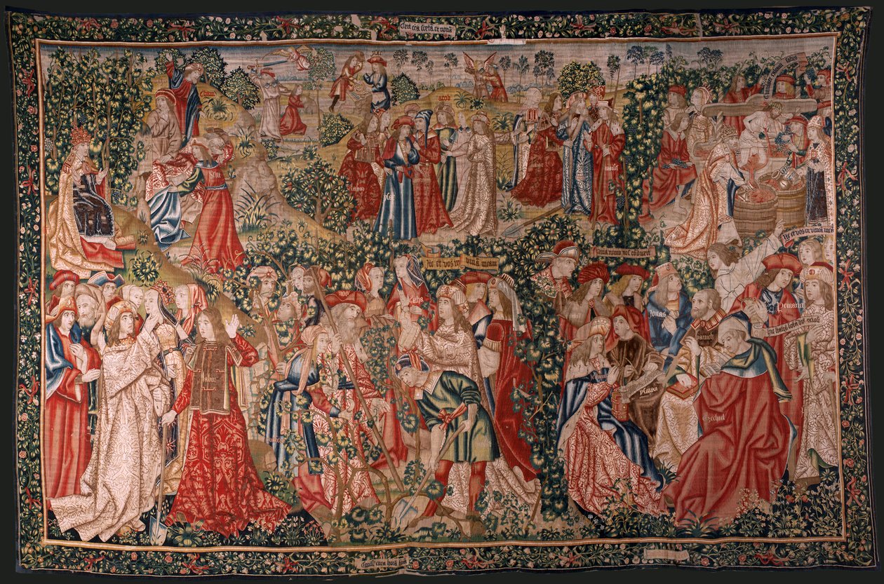 tapeçaria flamenga. Série A Parábola dos Trabalhadores da Vinha. A chamada aos trabalhadores (La llamada a los trabajadores). Primeira tapeçaria da série. Manufatura Bruxelas, oficinas de Pieter van Aelst(?). Ca 1500. Tecido Seda e lã, 6 teias pe de Flemish School