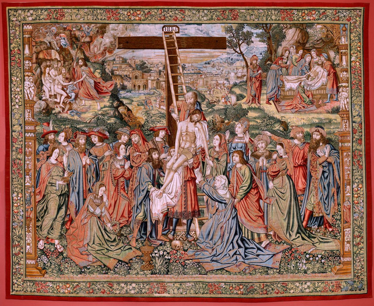 tapeçaria flamenga. Série A Paixão de Cristo. A Descida da Cruz (Descendimiento). A segunda série de tapeçaria da Paixão de Cristo pertencente ao Patrimonio Nacional. Cartunistas modelo do círculo de Jan van Roome. Fabricação Pieter va de Flemish School