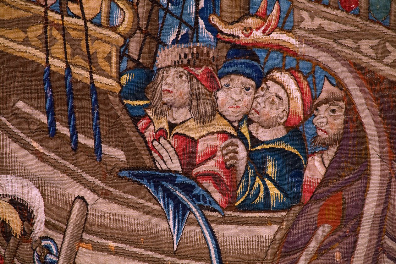 Tapeçaria flamenga. Série The Portugese in india: A Chegada a Calicut (De Aankomst em Calicut, Llegado de Vasco de Gama a Lisboa). Ca 1510. Colecção Caixa Geral de Depósitos, Lisboa. Detalhe. de Flemish School