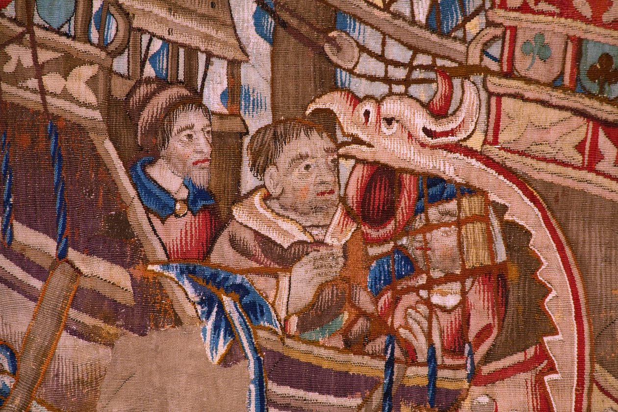 Tapeçaria flamenga. Série The Portugese in india: A Chegada a Calicut (De Aankomst em Calicut, Llegado de Vasco de Gama a Lisboa). Ca 1510. Colecção Caixa Geral de Depósitos, Lisboa. Detalhe. de Flemish School