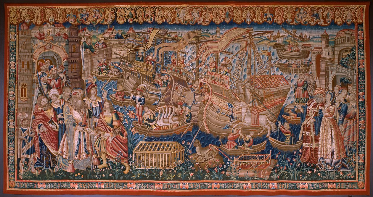 Tapeçaria flamenga. Série The Portugese in india: A Chegada a Calicut (De Aankomst em Calicut, Llegado de Vasco de Gama a Lisboa). Ca 1510. Colecção Caixa Geral de Depósitos, Lisboa. de Flemish School