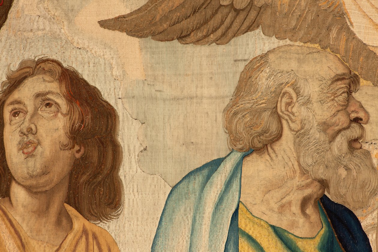 Tapeçaria flamenga. Série O Triunfo da Eucaristia. Os quatro evangelistas (Los cuatro evangelistas). A décima primeira tapeçaria da série. O modelo Peter Paul Rubens. 1626-1628. Fabricação Jan II Raes, Hans Vervoert, Jacques Fobert, Bruxelas de Flemish School