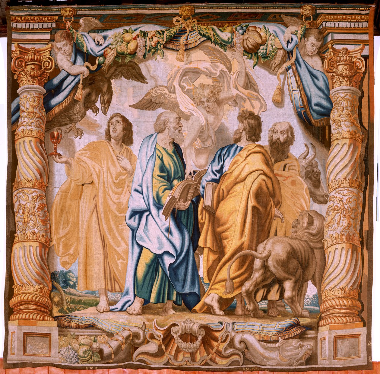Tapeçaria flamenga. Série O Triunfo da Eucaristia. Os quatro evangelistas (Los cuatro evangelistas). A décima primeira tapeçaria da série. O modelo Peter Paul Rubens. 1626-1628. Fabricação Jan II Raes, Hans Vervoert, Jacques Fobert, Bruxelas de Flemish School