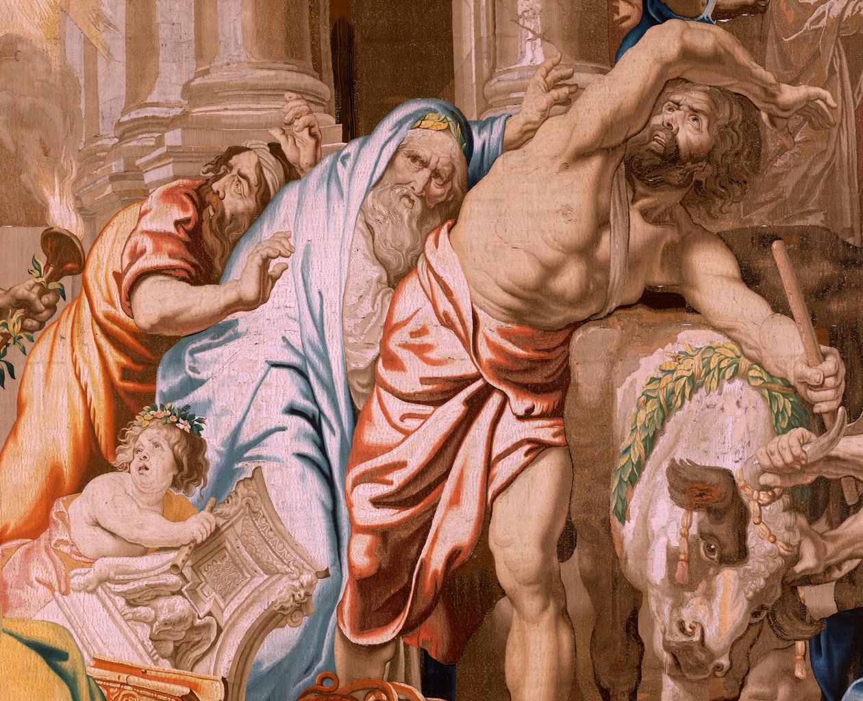 Tapeçaria flamenga. Série O Triunfo da Eucaristia. A vitória da Eucaristia sobre os sacrifícios pagãos (Victoria de la Eucaristía sobre los sacrificios paganos). A quarta tapeçaria da série. O modelo Peter Paul Rubens. 1626-1628. Fabrico Jan II Raes, Jac de Flemish School