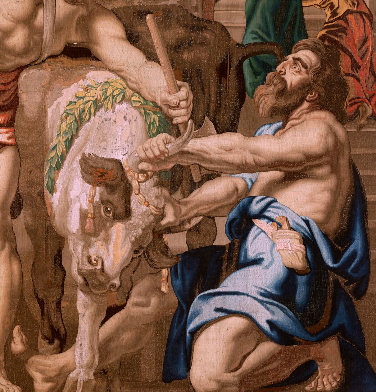 Tapeçaria flamenga. Série O Triunfo da Eucaristia. A vitória da Eucaristia sobre os sacrifícios pagãos (Victoria de la Eucaristía sobre los sacrificios paganos). A quarta tapeçaria da série. O modelo Peter Paul Rubens. 1626-1628. Fabrico Jan II Raes, Jac de Flemish School