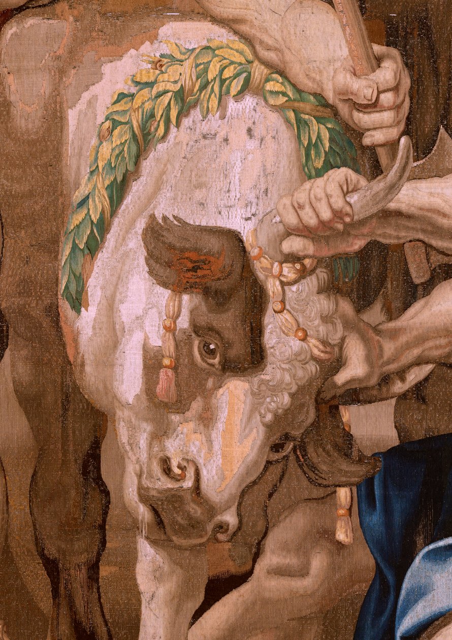 Tapeçaria flamenga. Série O Triunfo da Eucaristia. A vitória da Eucaristia sobre os sacrifícios pagãos (Victoria de la Eucaristía sobre los sacrificios paganos). A quarta tapeçaria da série. O modelo Peter Paul Rubens. 1626-1628. Fabrico Jan II Raes, Jac de Flemish School