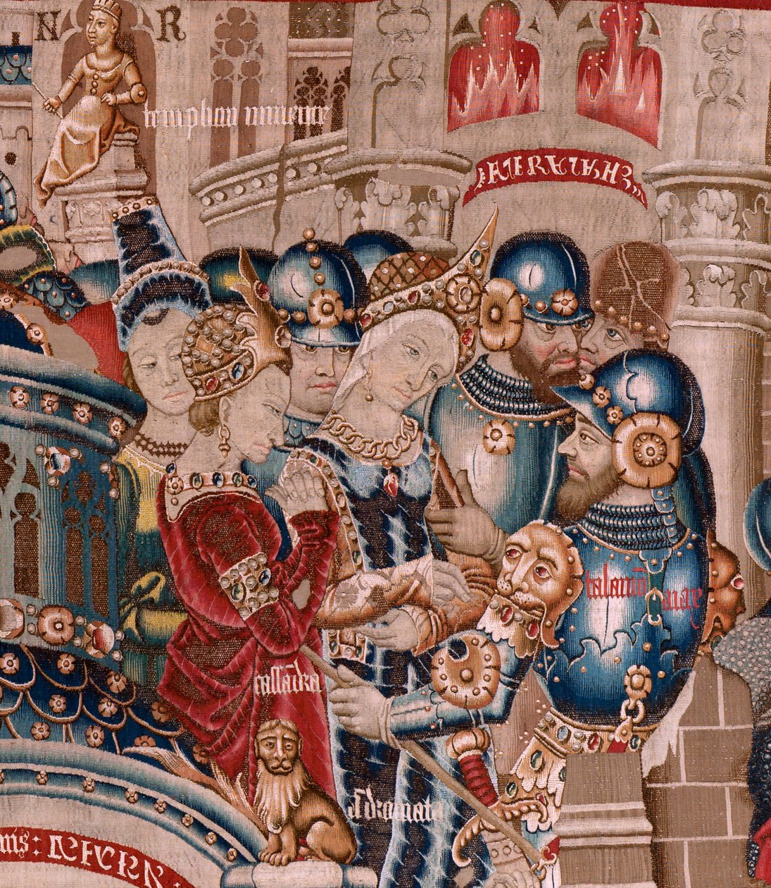 tapeçaria flamenga. Série A Guerra de Tróia. A Destruição de Tróia (Destrucción de Troya). Décima primeira tapeçaria da série. Modelo Coëtivy Master (Henry ou Conrard de Vulcop). Fabricar oficinas de Tournai. Ca 1470. Tecido Lã e seda, 6/7 teias por cm. de Flemish School
