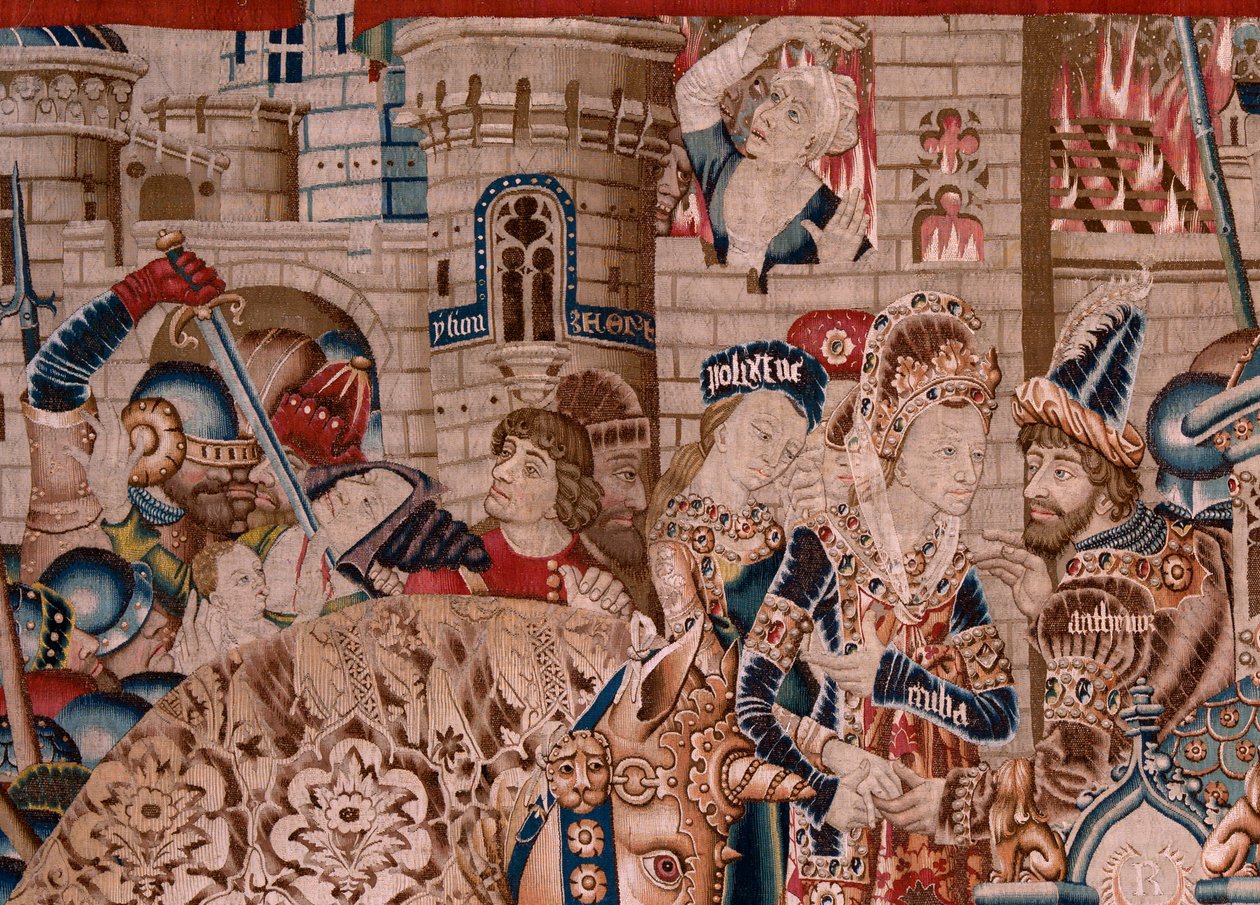 tapeçaria flamenga. Série A Guerra de Tróia. A Destruição de Tróia (Destrucción de Troya). Décima primeira tapeçaria da série. Modelo Coëtivy Master (Henry ou Conrard de Vulcop). Fabricar oficinas de Tournai. Ca 1470. Tecido Lã e seda, 6/7 teias por cm. de Flemish School