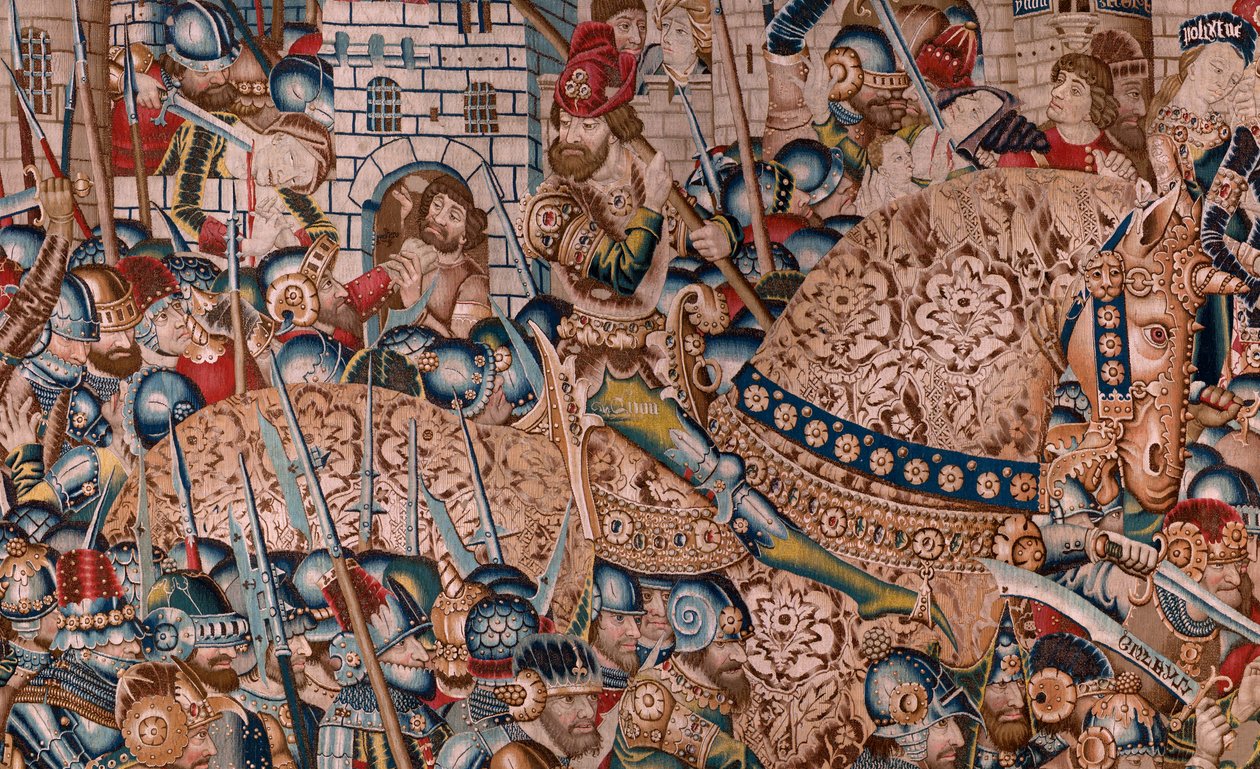 tapeçaria flamenga. Série A Guerra de Tróia. A Destruição de Tróia (Destrucción de Troya). Décima primeira tapeçaria da série. Modelo Coëtivy Master (Henry ou Conrard de Vulcop). Fabricar oficinas de Tournai. Ca 1470. Tecido Lã e seda, 6/7 teias por cm. de Flemish School
