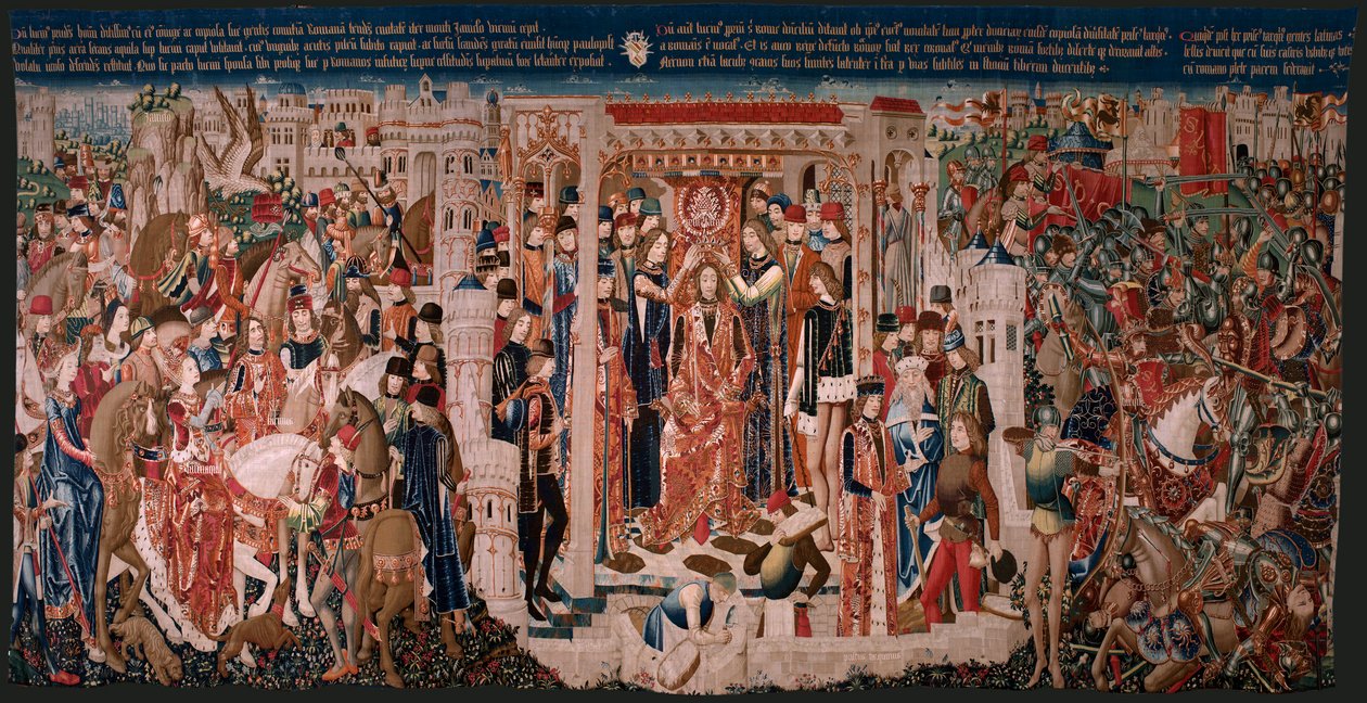 Tapeçaria flamenga. Série Desconhecida. História romana? Tarquinius Priscus (Tarquino Prisco). Fabrico de oficinas de Bruxelas... Ca 1475. Lã e seda de tecido, 6 urdiduras por cm. Origem Uma doação do Conde Alba de Aliste, chegou à catedral em 1608. ; Loca de Flemish School