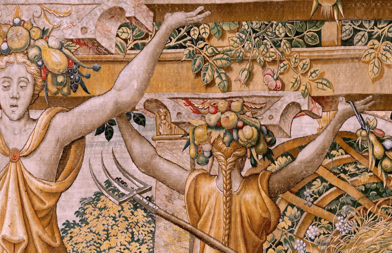 tapeçaria flamenga. Série Vertumnus e Pomona. No II Vertumnus transformado em agricultor (Vertumno y Pomona II Vertumno transformado em agricultor) no1 parte esquerda. Modelos Circle de Pieter Coecke Van Aelst e Léonard Thiry. Atelier desconhecido, Bruxela de Flemish School