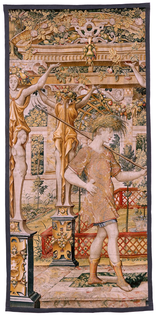 tapeçaria flamenga. Série Vertumnus e Pomona. No II Vertumnus transformado em agricultor (Vertumno y Pomona II Vertumno transformado em agricultor) no1 parte esquerda. Modelos Circle de Pieter Coecke Van Aelst e Léonard Thiry. Atelier desconhecido, Bruxela de Flemish School