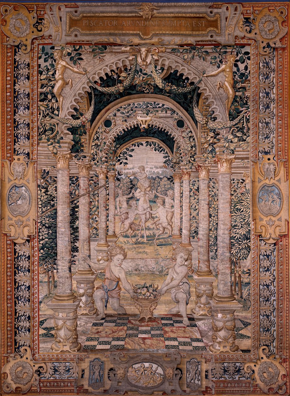 tapeçaria flamenga. Série Vertumnus e Pomona. Sétima tapeçaria da série; Vertumnus transformado em pescador (parte central). Modelos Circle de Pieter Coecke Van Aelst e Léonard Thiry. Fabricação Oficina desconhecida, Bruxelas. Antes de 1550. Fabric Go de Flemish School