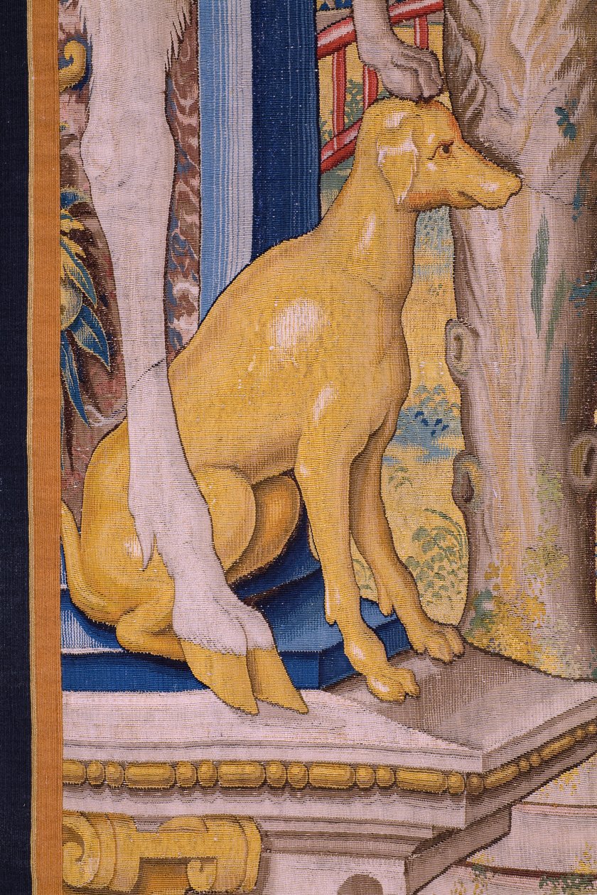 tapeçaria flamenga. Série Vertumnus e Pomona: Vertumnus transformado em agricultor (Vertumnus como agricultor, Vertumno transformado e agricultor). Estúdio Willem de Pannemaker. cerca de 1545-1550. Detalhe. de Flemish School