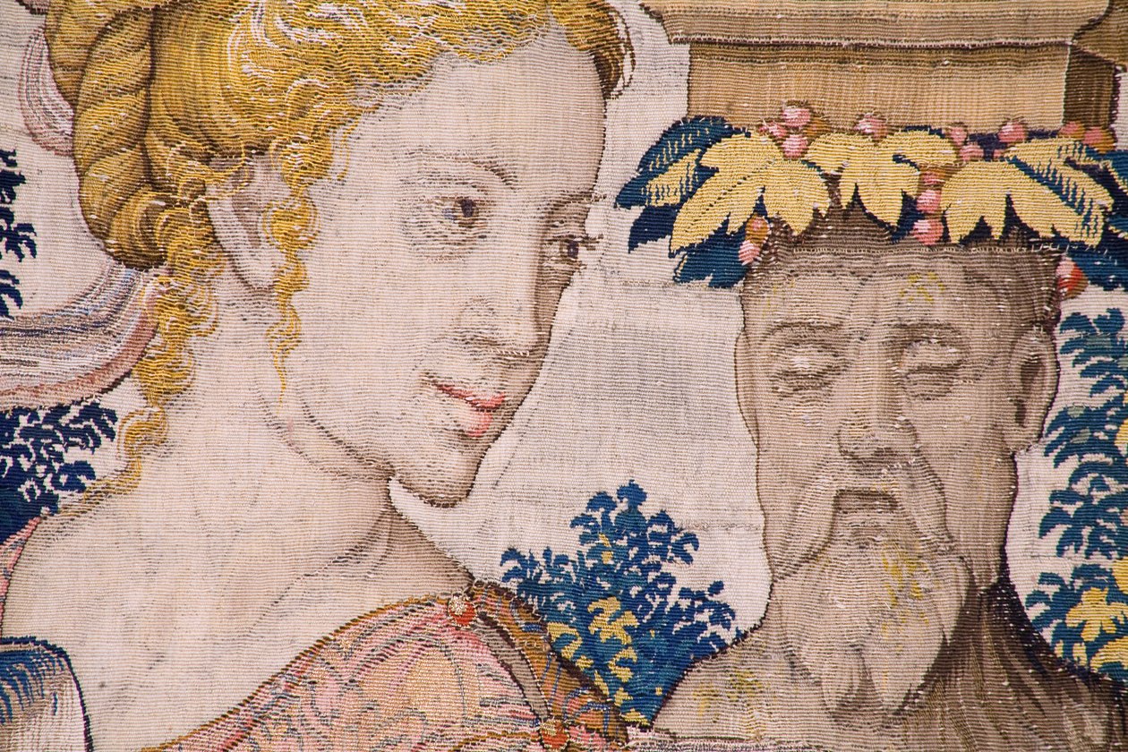 tapeçaria flamenga. Série Vertumnus e Pomona: Vertumnus transformado em agricultor (Vertumnus como agricultor, Vertumno transformado e agricultor). Estúdio Willem de Pannemaker. cerca de 1545-1550. Detalhe. de Flemish School